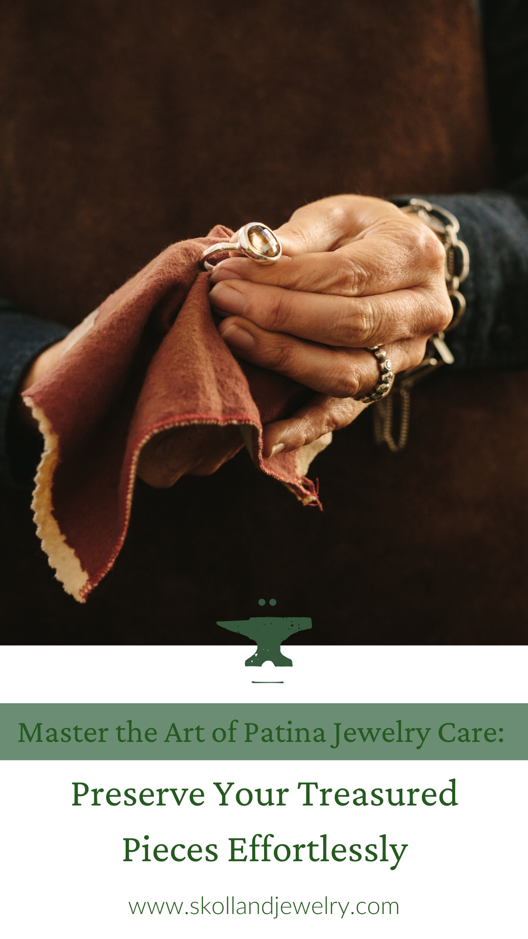 Hand polishing a ring with a polishing cloth. Below it reads " Master the art of patina jewelry care: Preservece your treasured pieces effortlessly"