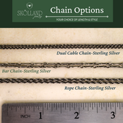 infographic showing the 3 types of chain available for this scottish necklace= dual cable chain,bar chain, or rope chain. all chain options are made from sterling silver