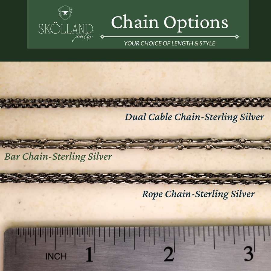 infographic showing the 3 types of chain available for this scottish necklace= dual cable chain,bar chain, or rope chain. all chain options are made from sterling silver