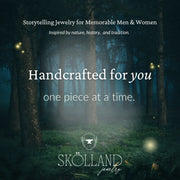 Forest scene with glowing lights and text about Skölland jewelry-an artisan fantasy jeweler based in Wisconsin,USA