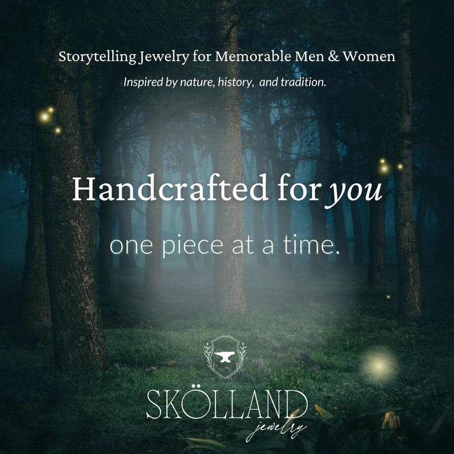 Forest scene with glowing lights and text about Skölland jewelry-an artisan fantasy jeweler based in Wisconsin,USA