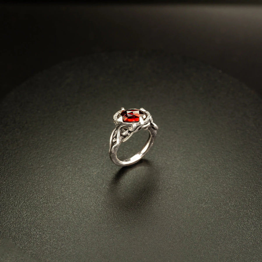 Oblivion-Size 7.25-Oval Rose Cut Garnet & Argentium Sterling Silver Ring