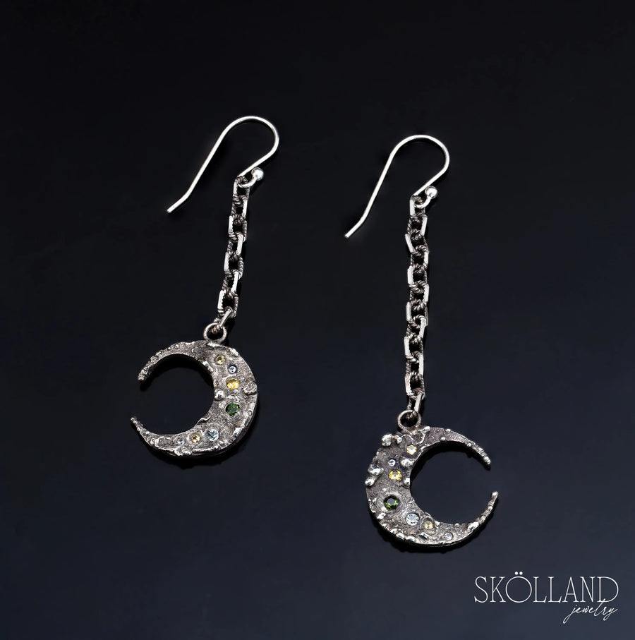 Mirus-Sterling Silver Crescent Moon and Gemstone Dangle Earrings