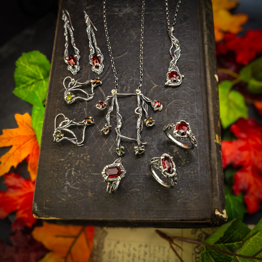 Omeratus Unvieled- Rose Cut Garnet, Argentium Sterling Silver Necklace W/ 14K Yellow Gold Accents