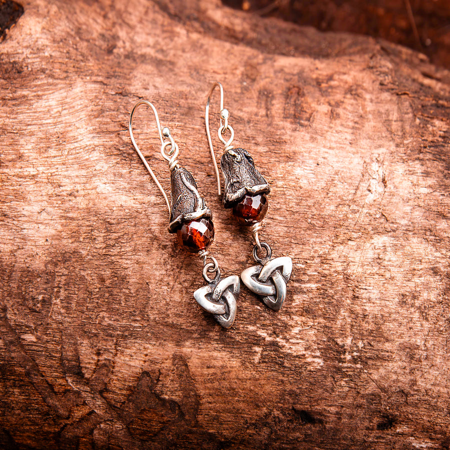 The Protector-Sterling Silver Trinity Knot and Garnet Dangle Earrings