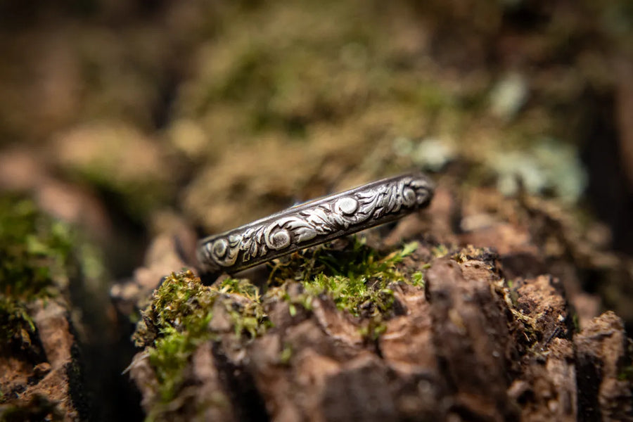Filigree sterling silver ring with vintage swirl styling. Antiqued for depth and dimension