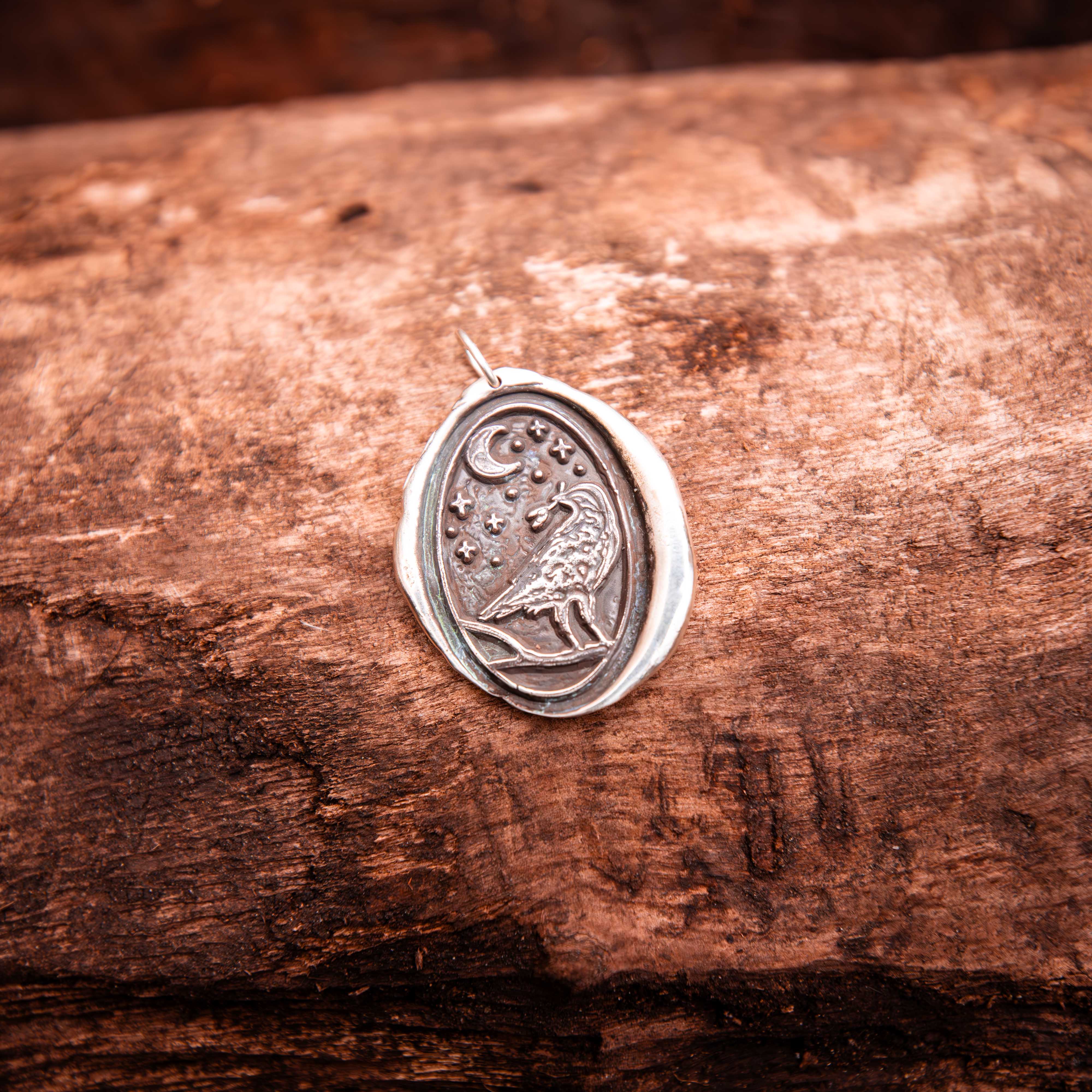 Raven at Night Wax Seal Pendant-Argentium Sterling Silver