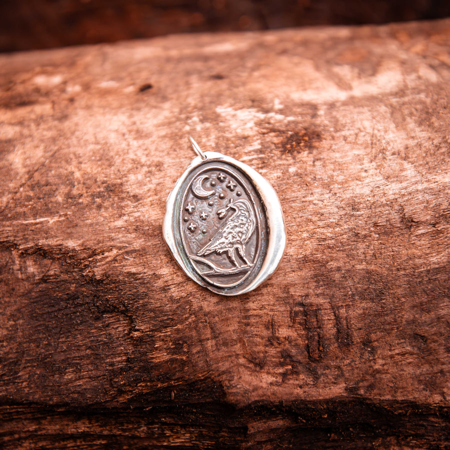 Raven at Night Wax Seal Pendant-Argentium Sterling Silver