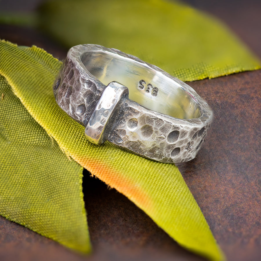 Mens Hammered Blade n Bow Ring-6.5mm Sterling Silver Band