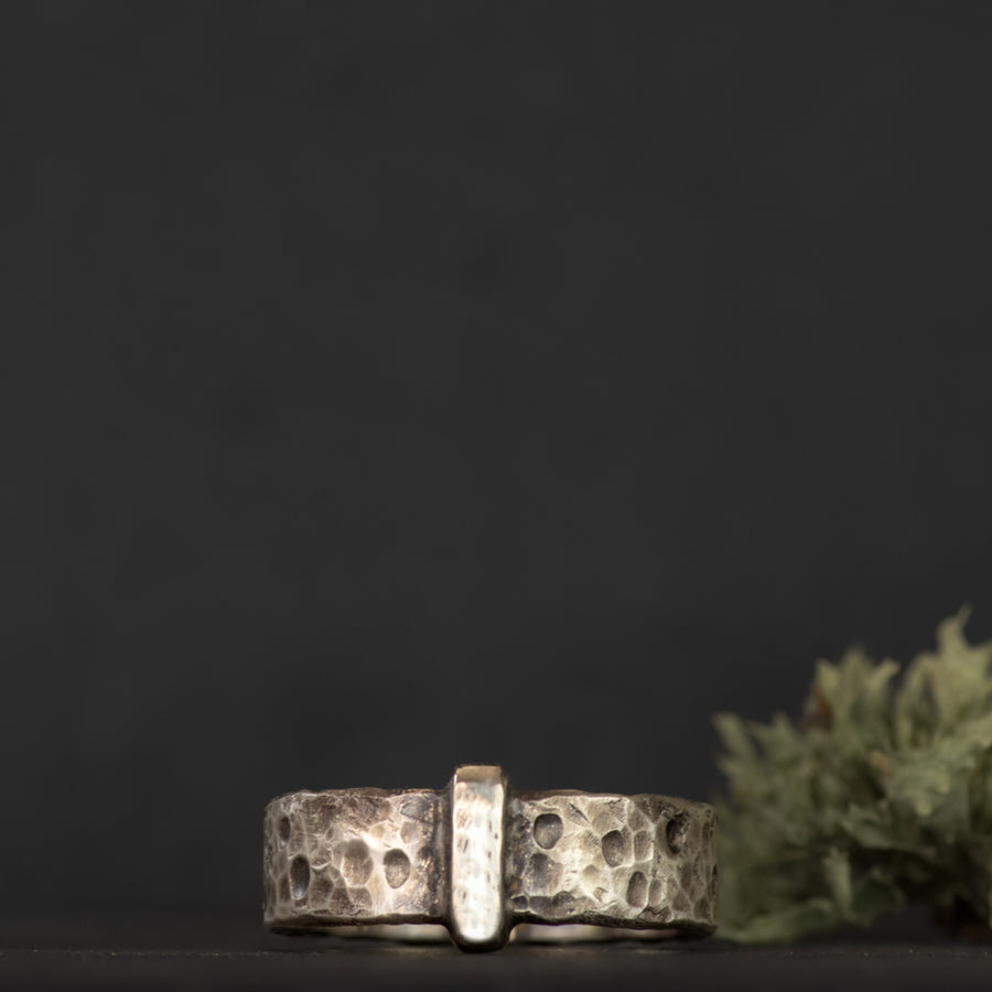 Mens Hammered Blade n Bow Ring-6.5mm Sterling Silver Band