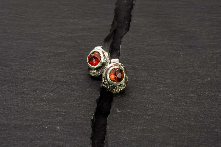 Effero Stud Earrings- 935 Sterling Silver Mozambique Garnets & Patina