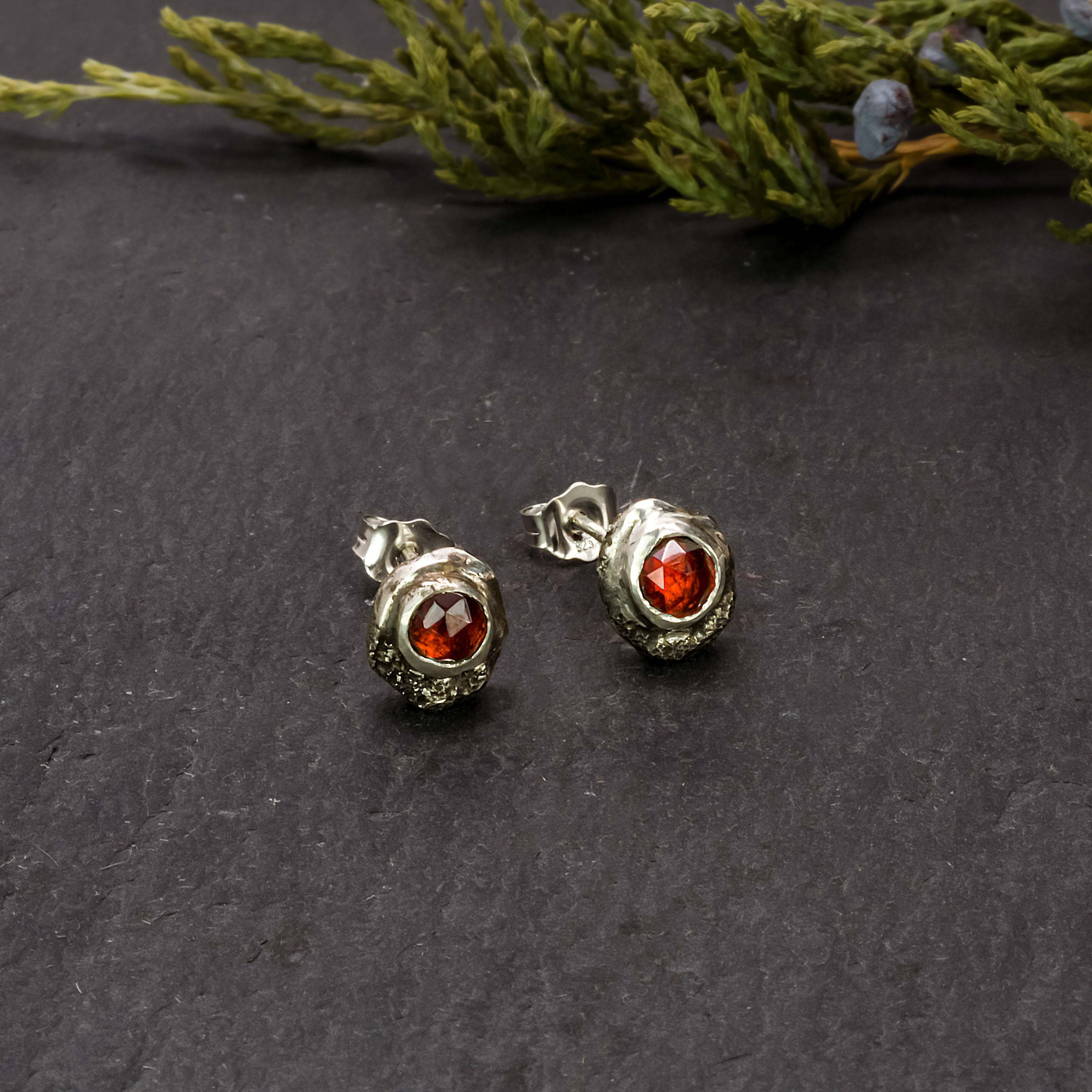 Effero Stud Earrings- 935 Sterling Silver Mozambique Garnets & Patina