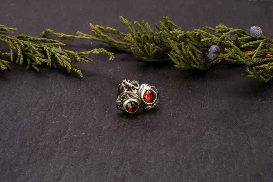 Effero Stud Earrings- 935 Sterling Silver Mozambique Garnets & Patina