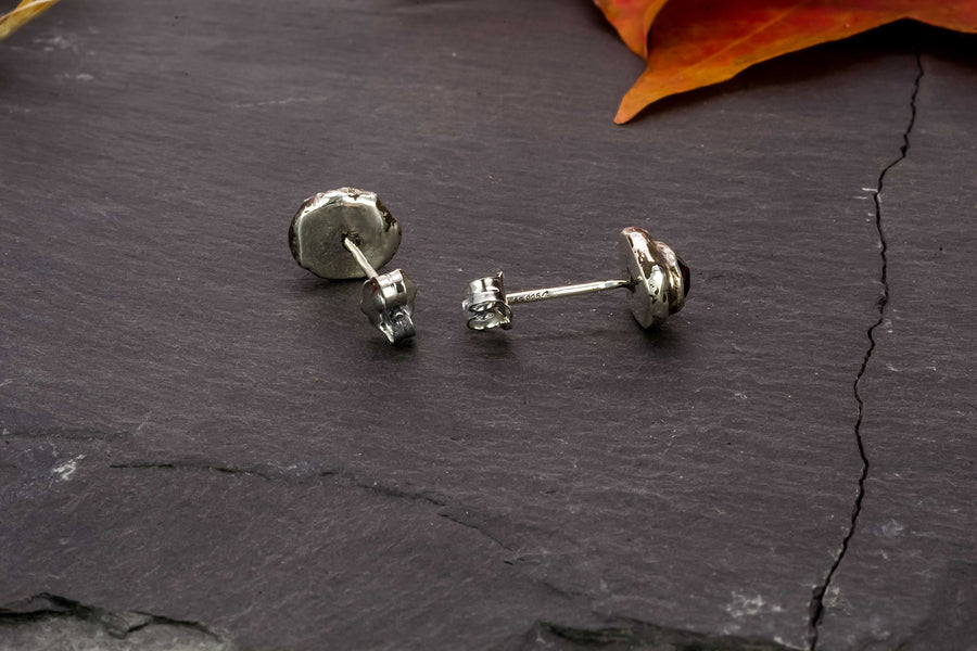 Effero Stud Earrings- 935 Sterling Silver Mozambique Garnets & Patina