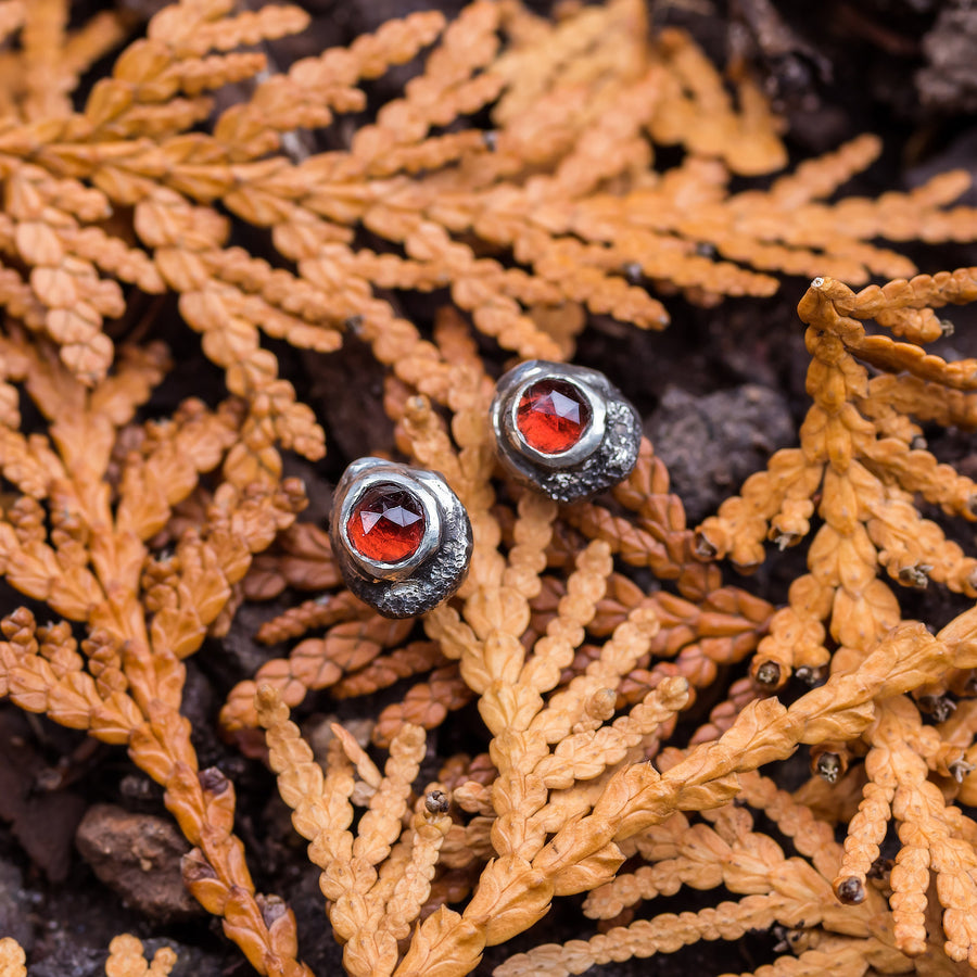 Effero Stud Earrings- 935 Sterling Silver Mozambique Garnets & Patina