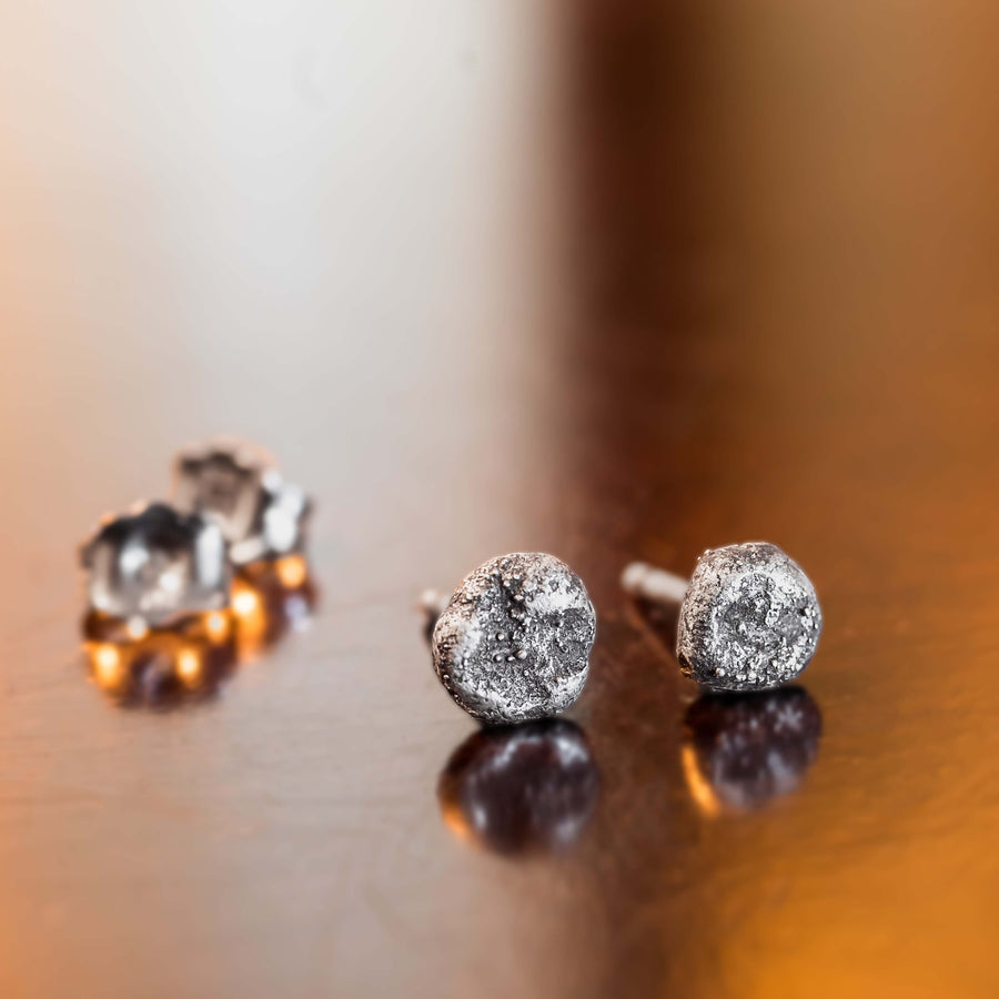 Mini Moon Stud earrings with stardust texture. Handcrafted from sterling silver