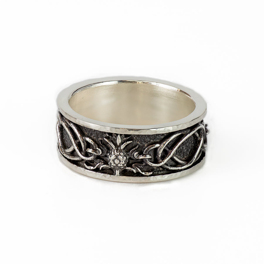 Distel- und Highland-Interlace-Ring © – 9-mm-Sterlingsilberband