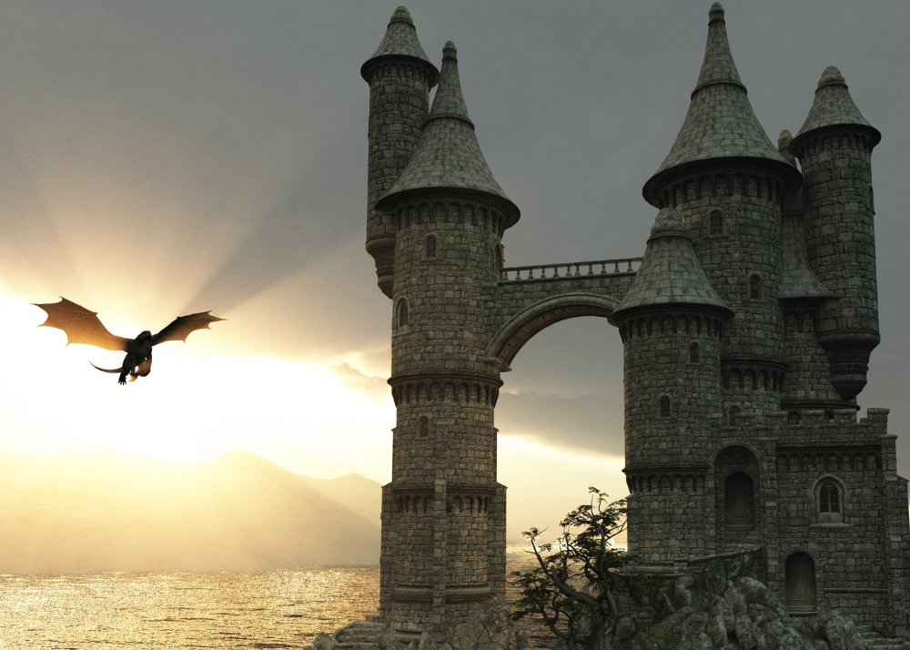 A majestic dragon soars in front of a medieval stone castle at sunset, with sun rays illuminating the scene, creating a sense of fantasy and awe.