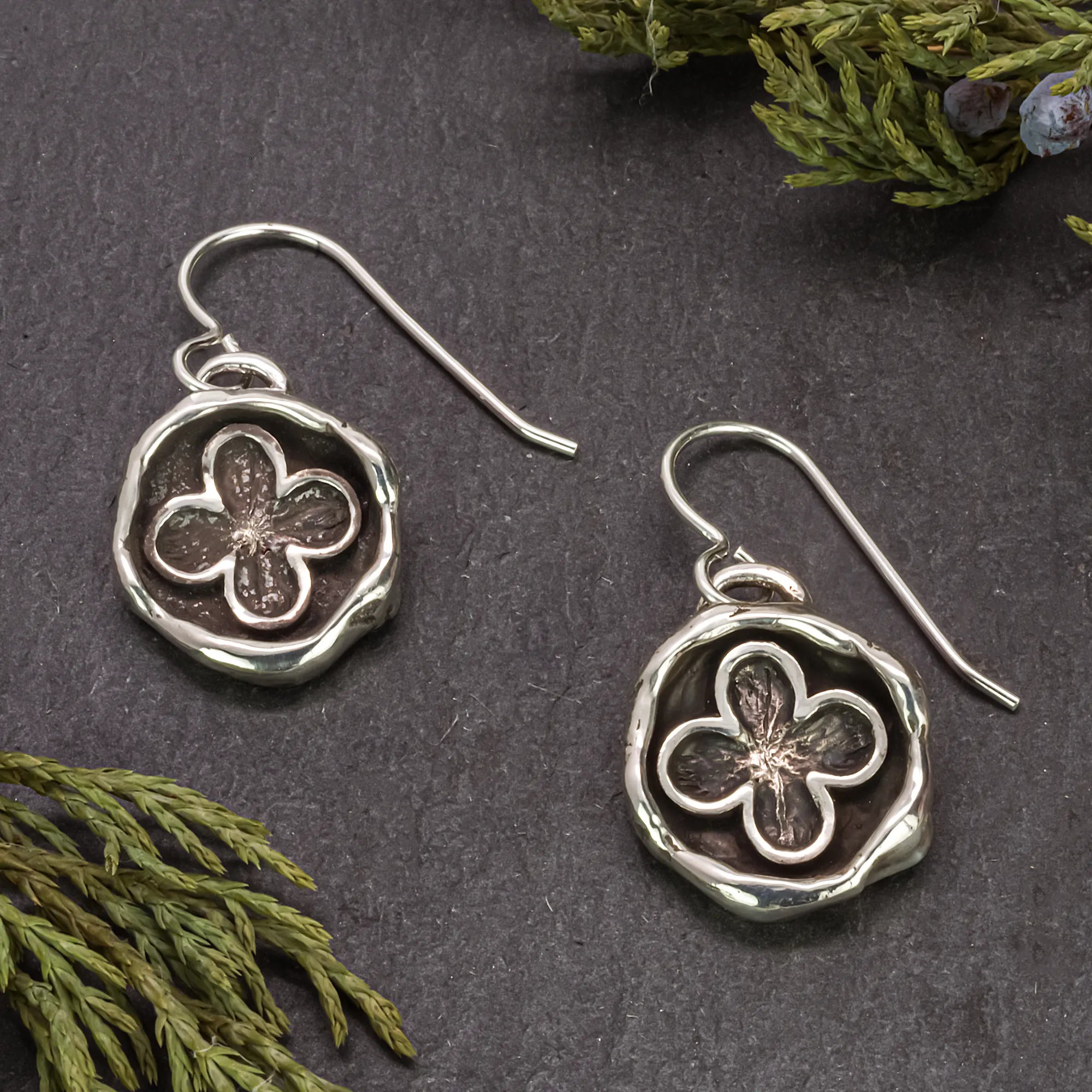 sterling silver ekklesia dangle earrings. Inspired by cathedrals and wax seals. 