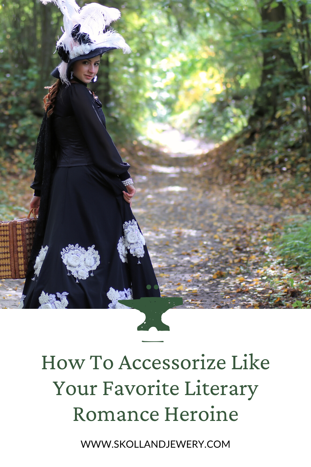 a woman wears a black and white flower dress ensemble, she's carrying a basket and walking down a path. She looks as if she has just stepped out of a historical novel set in the 1800's