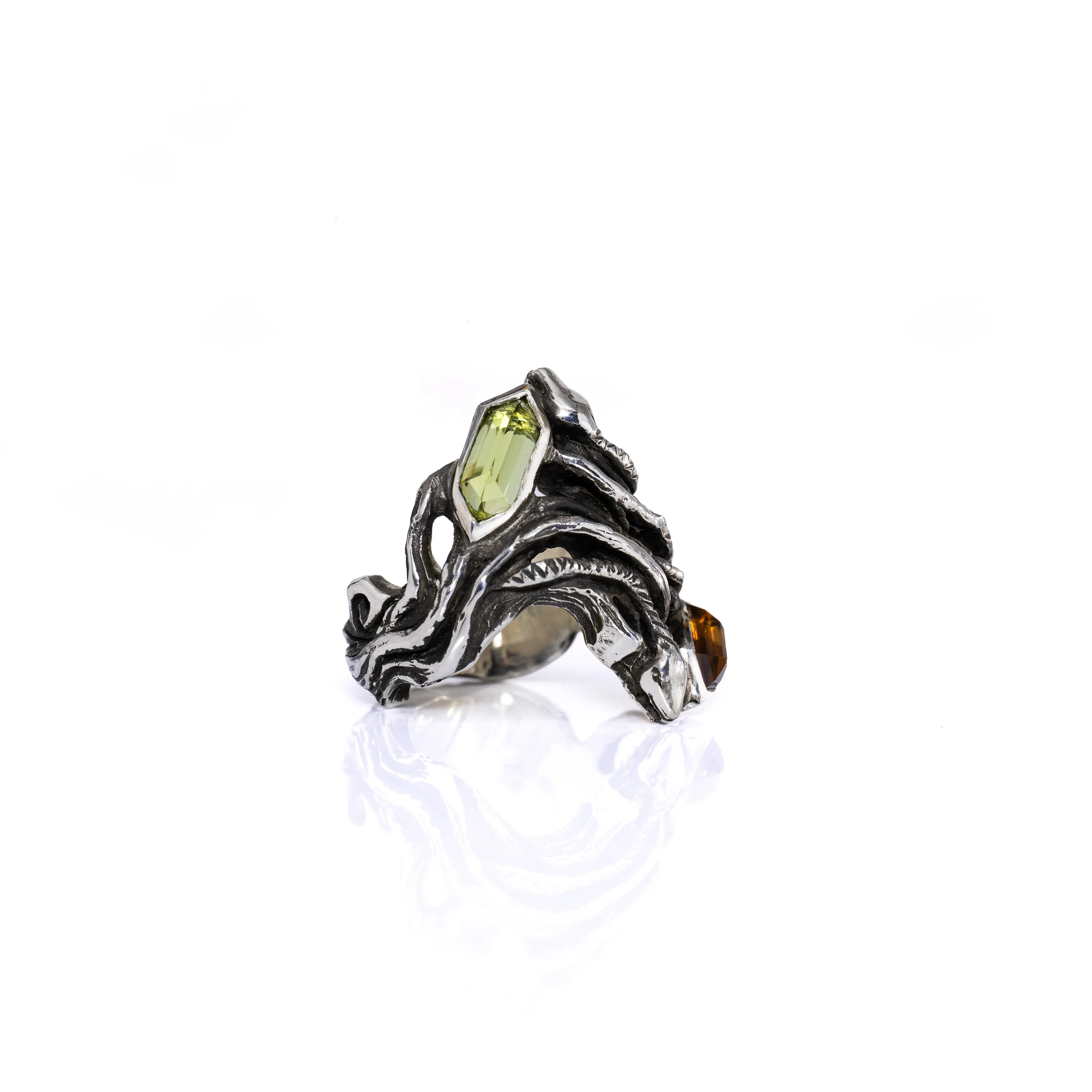 INTERWEAVE RING- ARGENTIUM w/ PERIDOT & PEACH ZIRCON-One of A Kind