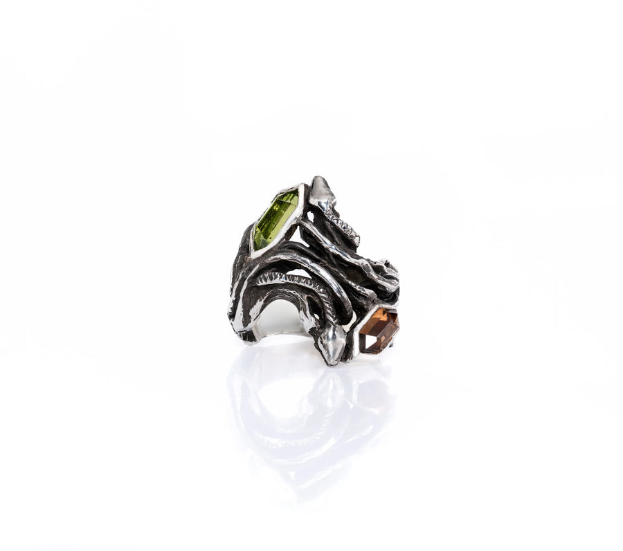 INTERWEAVE RING- ARGENTIUM w/ PERIDOT & PEACH ZIRCON-One of A Kind
