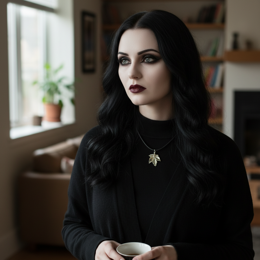 Woman with dark hair and makeup holding a cup in a room with a bookshelf and window. She is wearing an artisan made sterling silver maple leaf necklace on a black leather cord