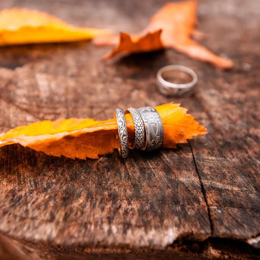 3 stacking rings are positioned on a log