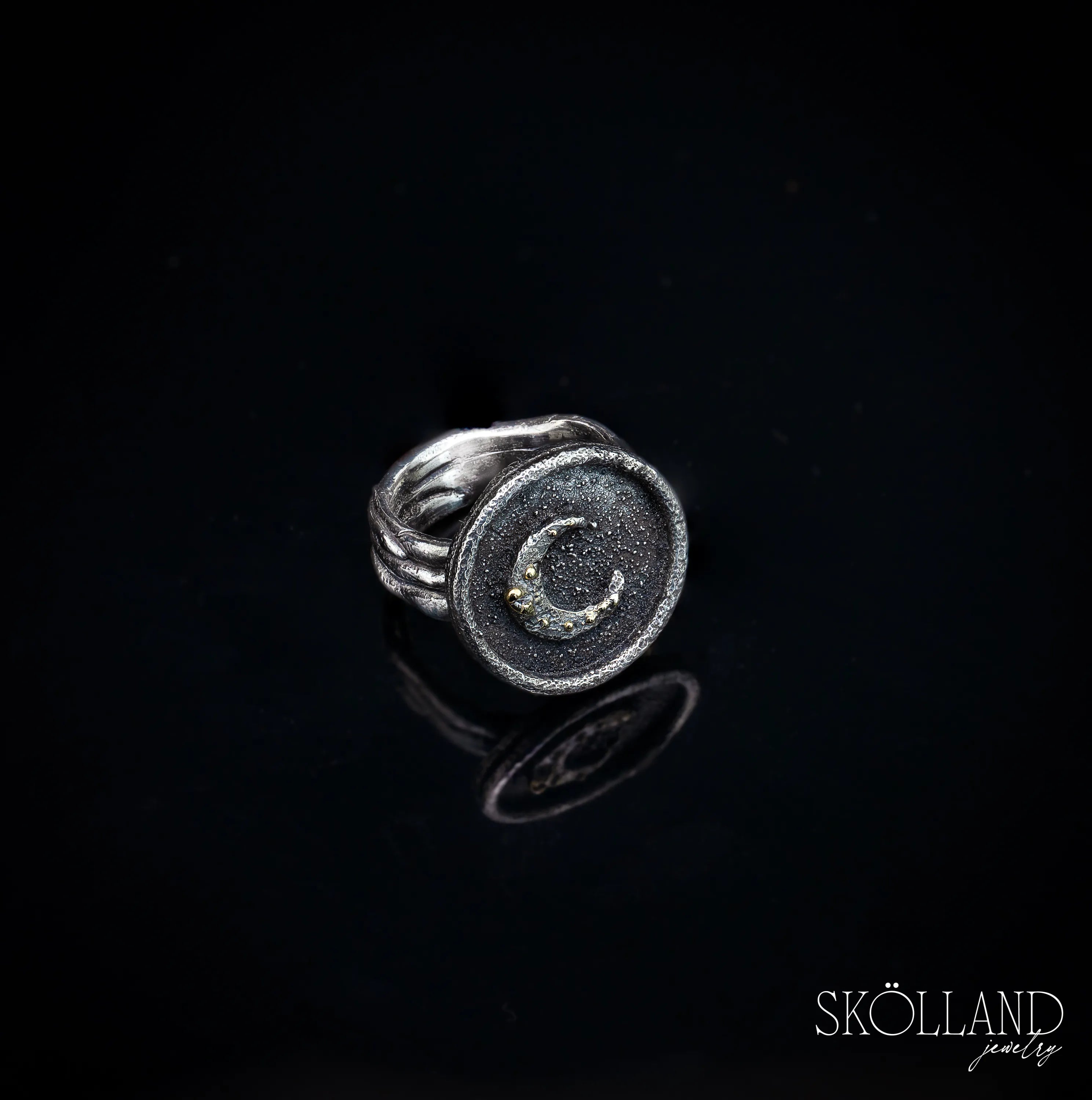 Encapture the Night-Sterling Silver Crescent Moon & Vine Shadow Box Ring with 18K Gold Accents