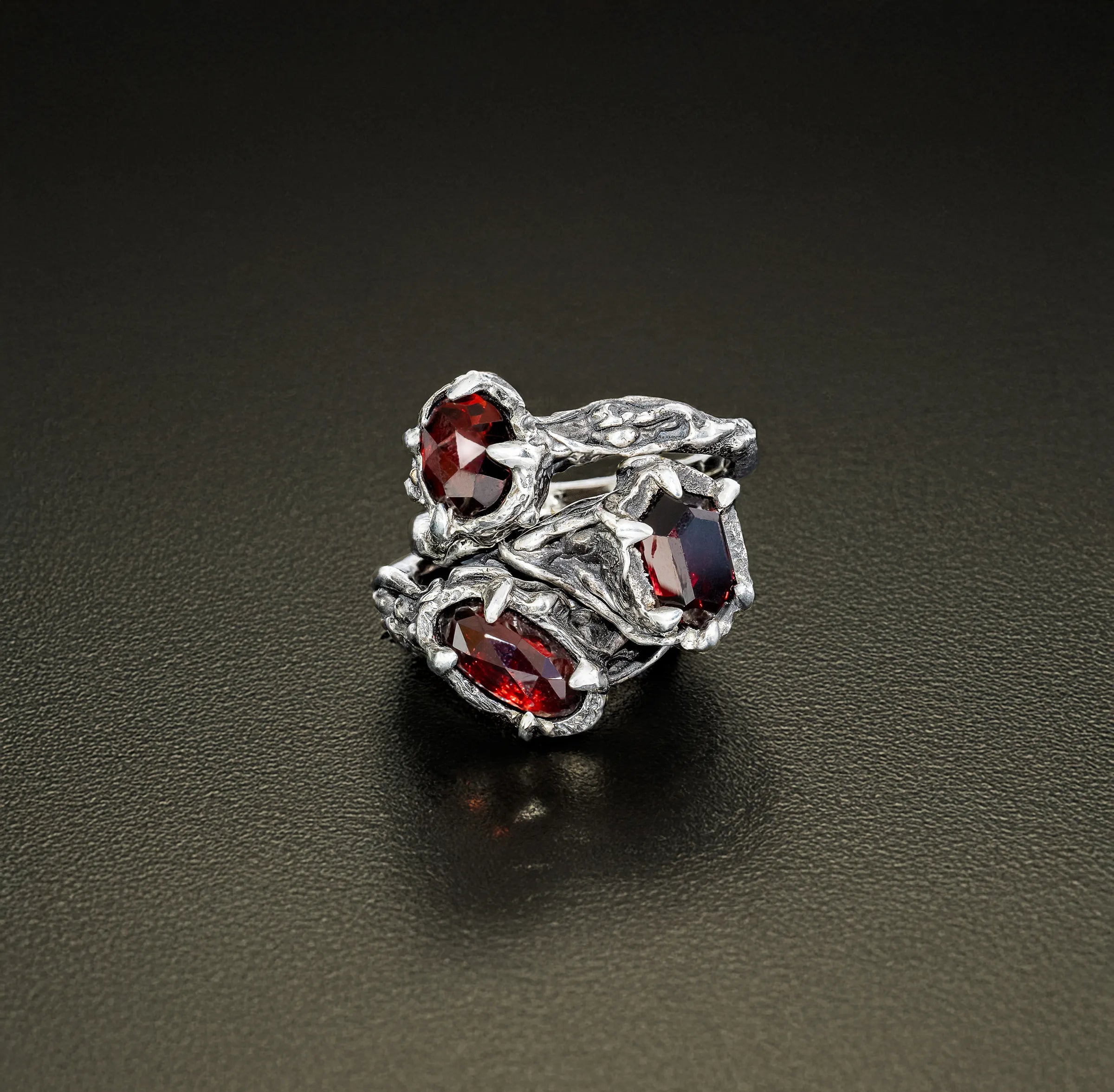 Oblivion-Size 7.25-Oval Rose Cut Garnet & Argentium Sterling Silver Ring