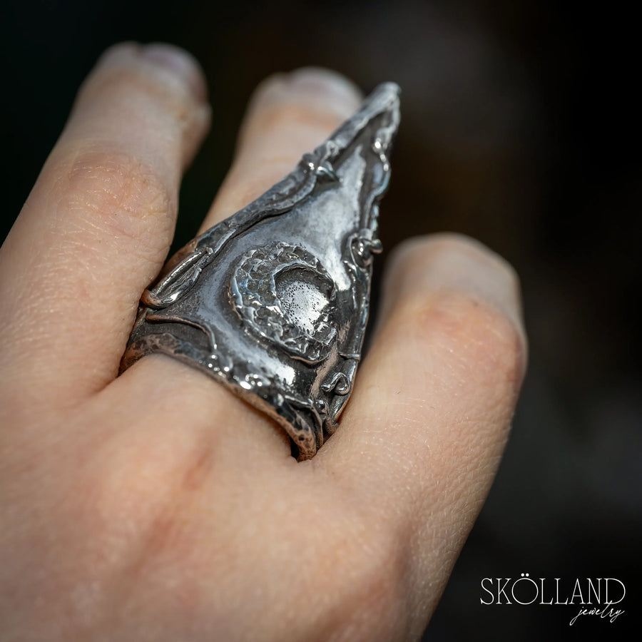 Looking Up-Sterling Silver Crescent Moon and Ivy Statement Ring