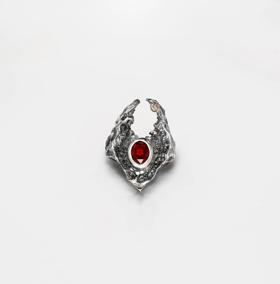 It All Ends Now Ring- Argentium Silver, Garnet, Reclaimed Diamond & 18K Gold