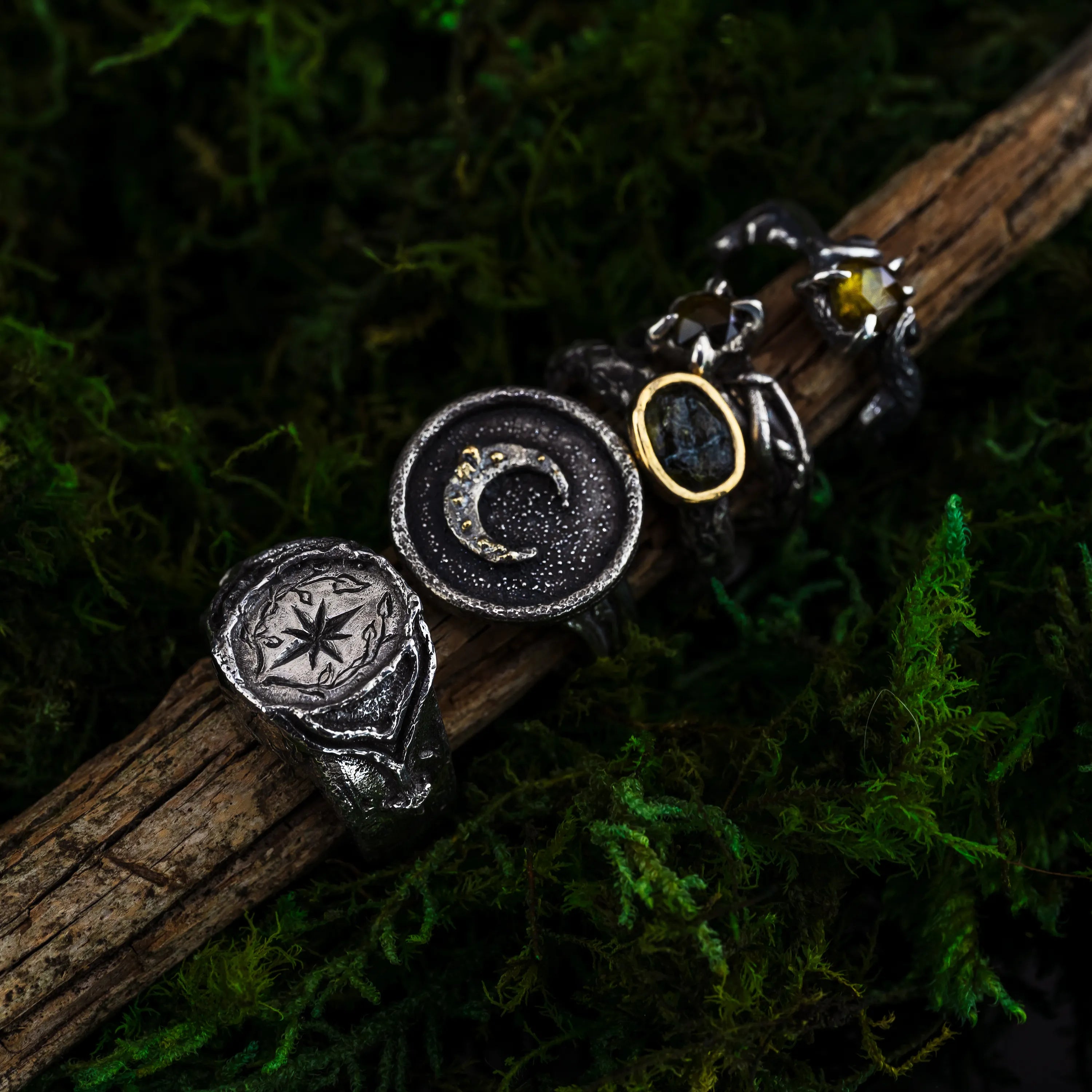 Encapture the Night-Sterling Silver Crescent Moon & Vine Shadow Box Ring with 18K Gold Accents