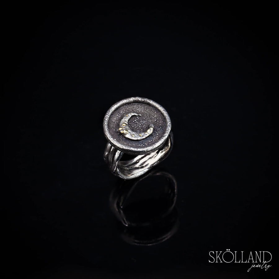 Encapture the Night-Sterling Silver Crescent Moon & Vine Shadow Box Ring with 18K Gold Accents