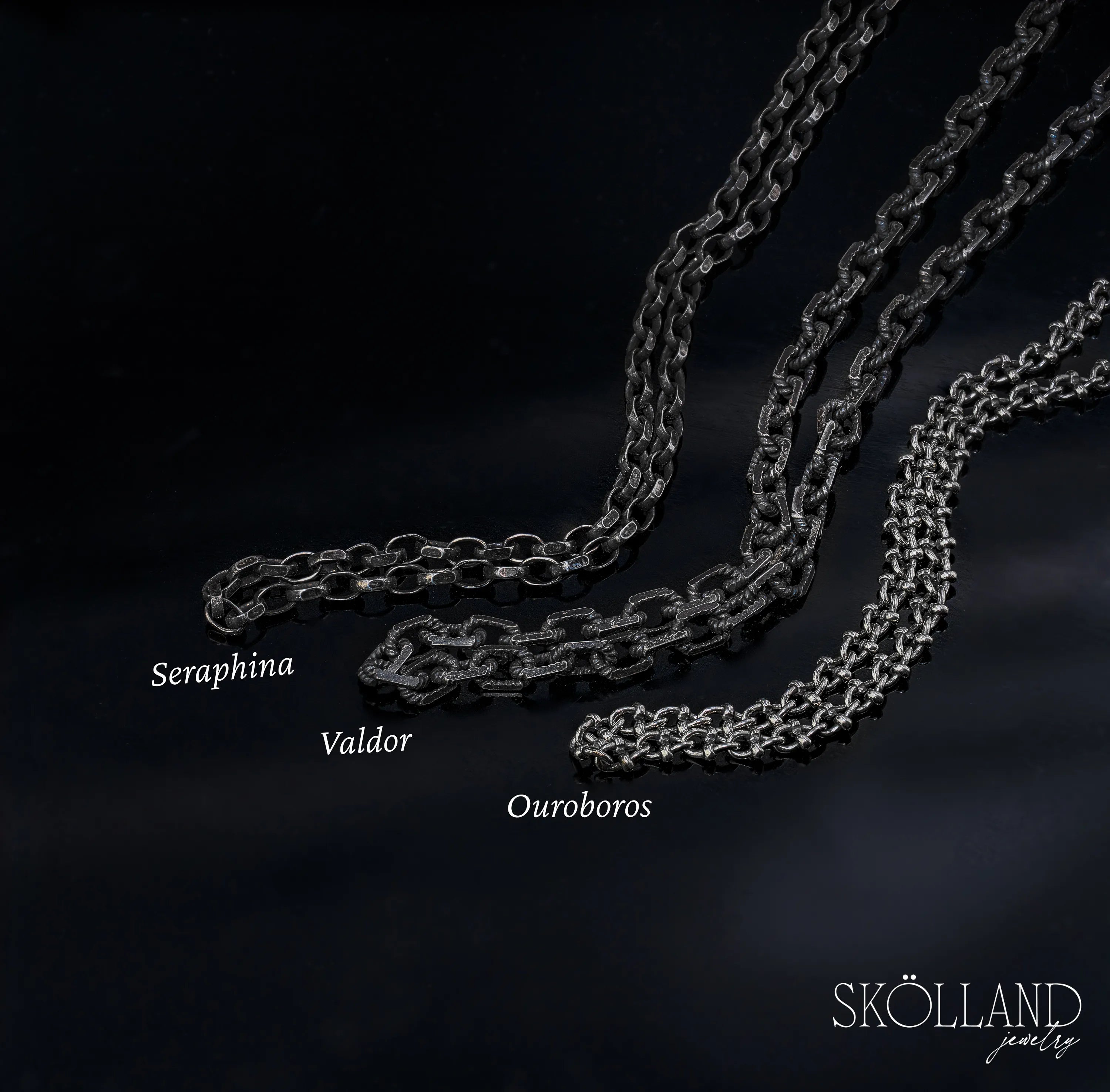 Three fantasy inspired sterling silver chains labeled 'Seraphina', 'Valdor', and 'Ouroboros' on a dark background with Skölland Jewelry branding.
