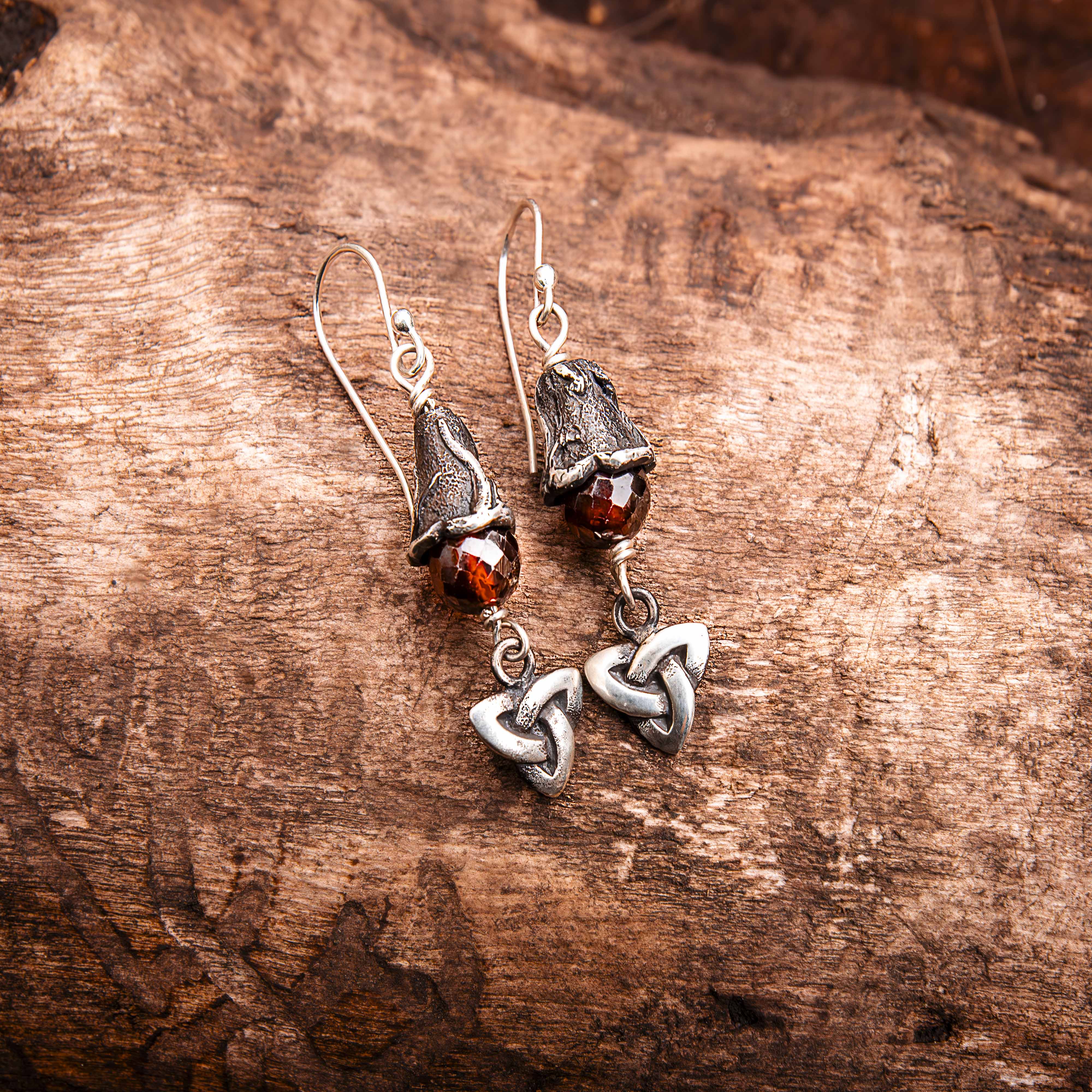 The Protector-Sterling Silver Trinity Knot and Garnet Dangle Earrings