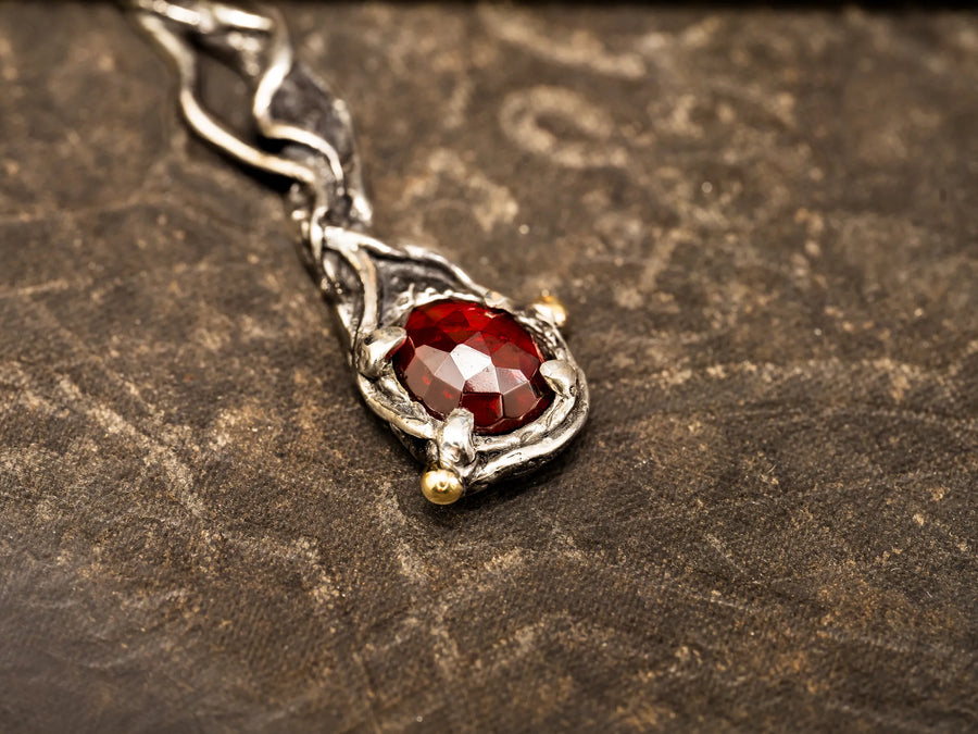 Omeratus Unvieled- Rose Cut Garnet, Argentium Sterling Silver Necklace W/ 14K Yellow Gold Accents