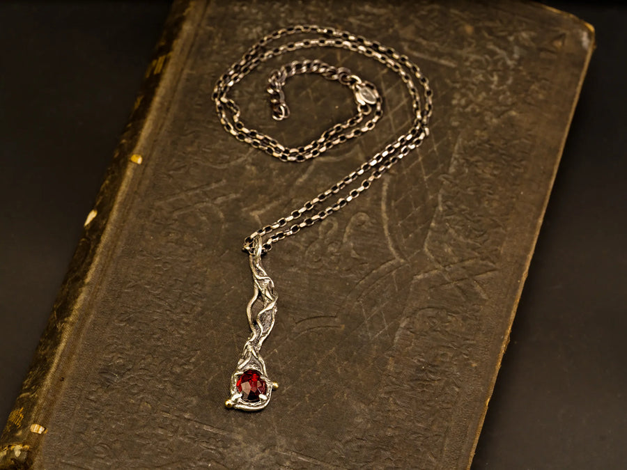 Omeratus Unvieled- Rose Cut Garnet, Argentium Sterling Silver Necklace W/ 14K Yellow Gold Accents