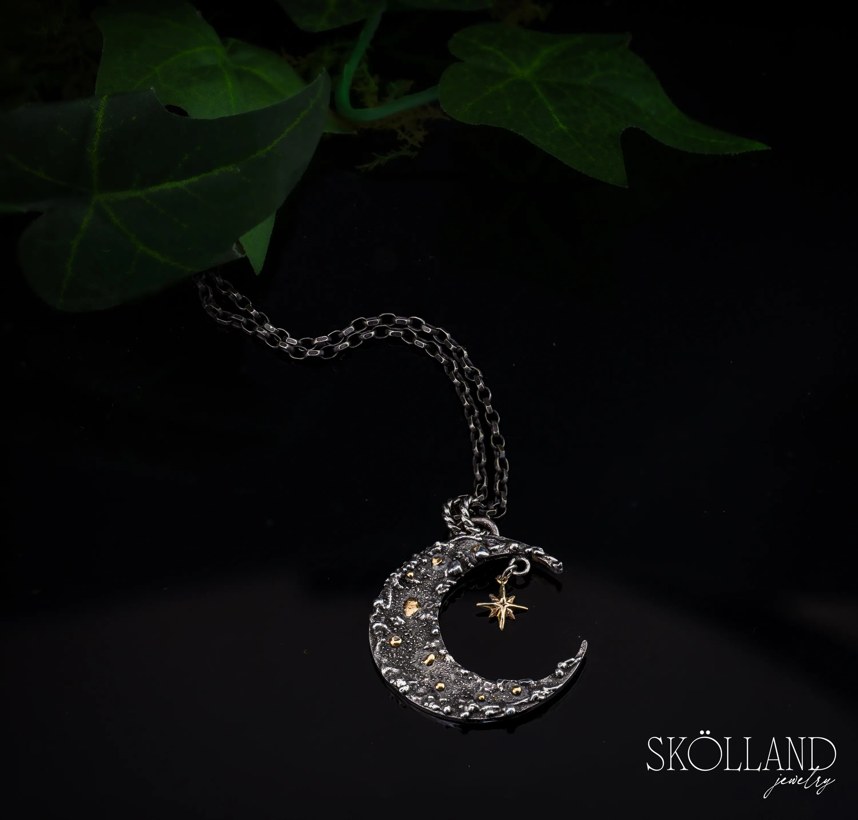 Mirabilis-Sterling Silver Crescent Moon and Star Necklace with 18k Gold Accents