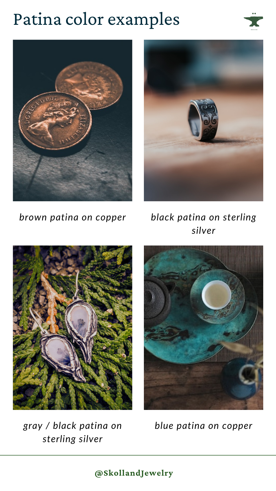 a composite image of 4 different patina examples on silver and copper, composite created by skolland jewelry