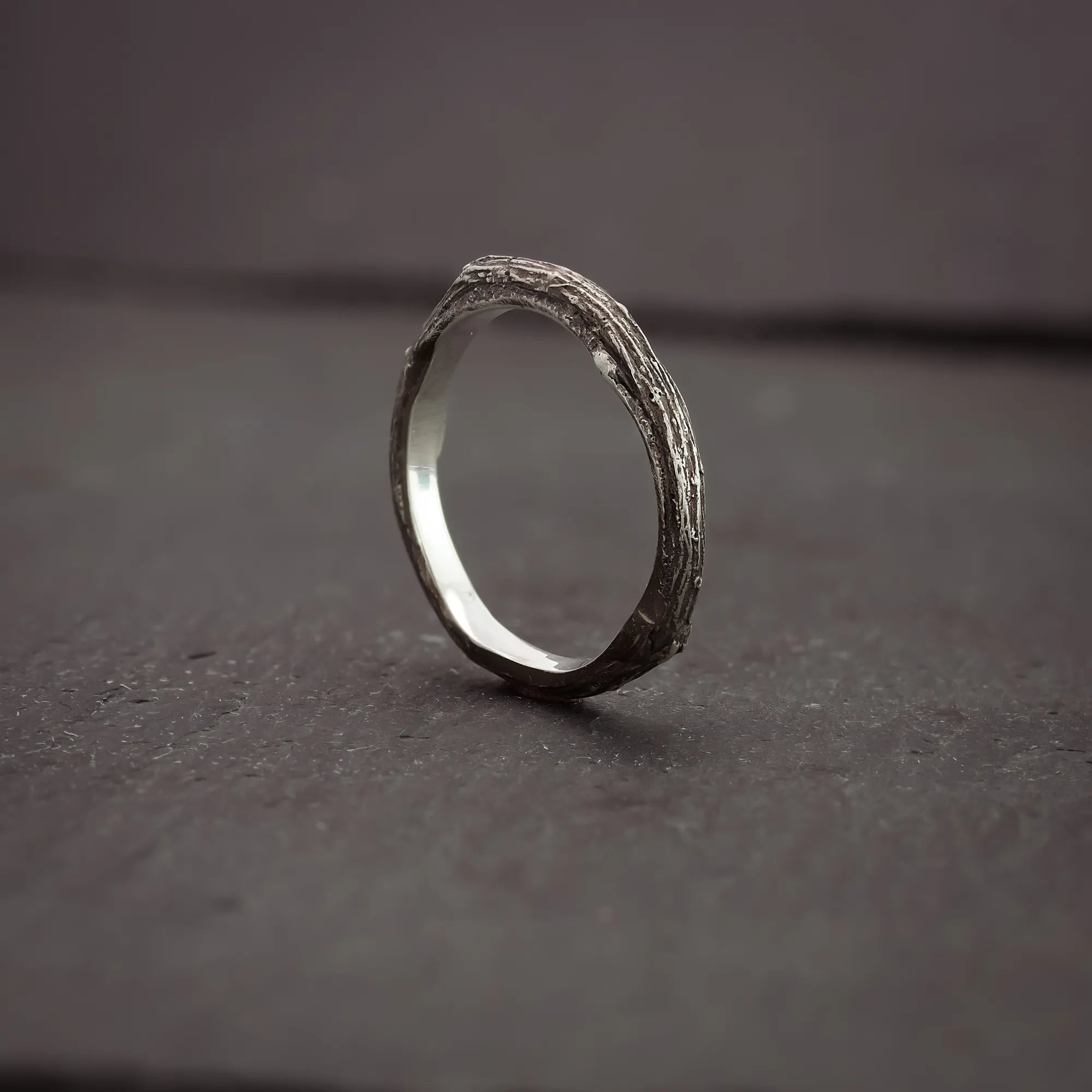textured branch ring cast in sterling silver. This ring features patina in the recesses for depth and dimension