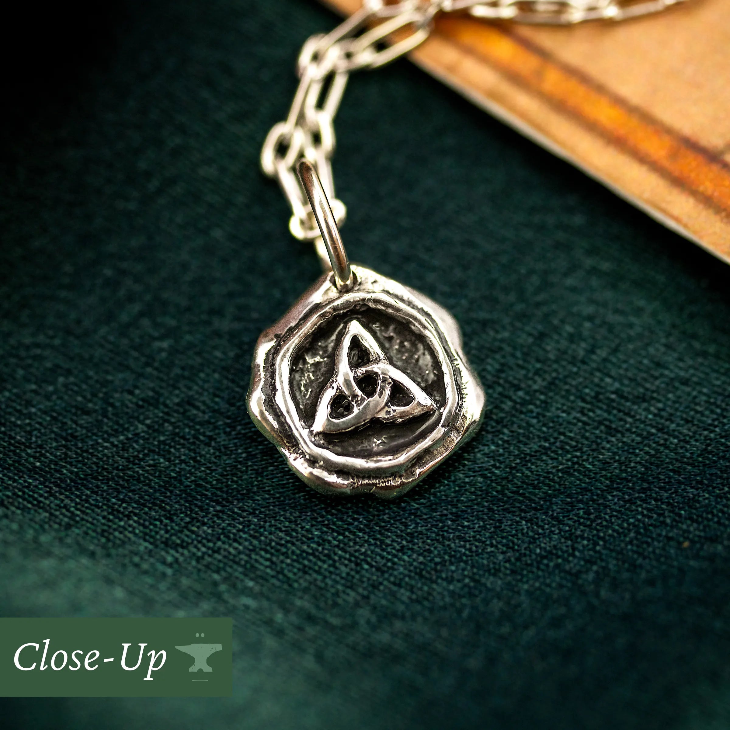 Close up of the trinity knot necklace