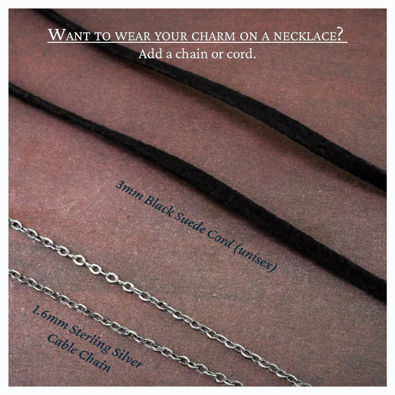 A graphic indicating the available chains if you wish to have to turn this charm into a pendant. The options are a 3mm black suede cord, or a sterling silver cable chain